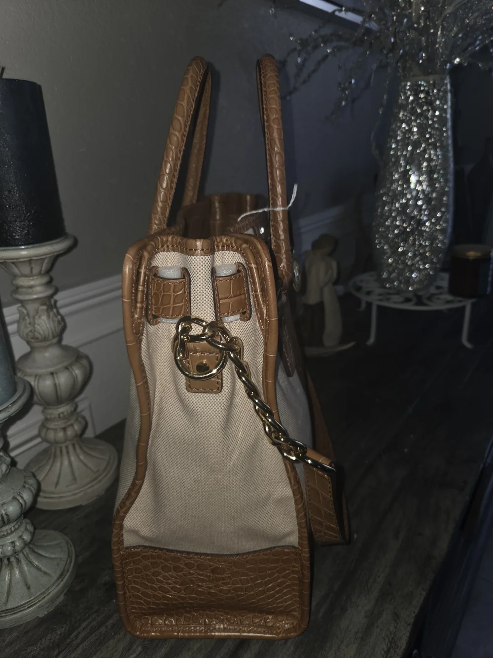 Michael Kors Tan Croc-Accent Canvas Tote Bag Perfect For A Laptop. - Picture 2 of 15